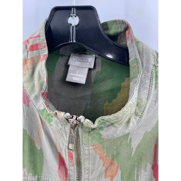 Chico's Jacket Zenergy Olive Green Zip Up Lightweight Medium Size 1 Splatter - Picture 2 of 11